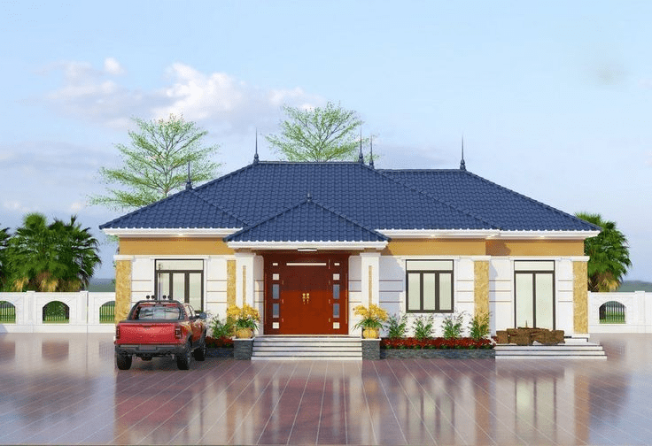 Mẫu nhà mái Thái 1 tầng diện tích 100m2 có thể bố trí 2–3 phòng ngủ tiện nghi và hợp lý 