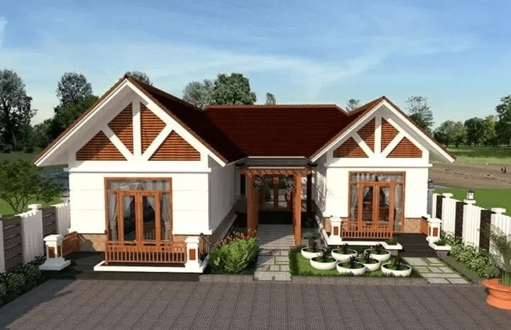 Mẫu nhà mái Thái 1 tầng chữ U tạo cảm giác đối xứng và cân đối trong kiến trúc tổng thể 